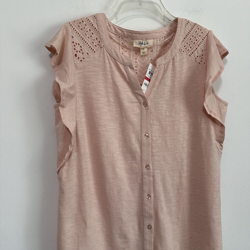Style & Co Top XS Cap Flutter Sleeve Crushed‎ Petal Pink Popover Casual Lace NEW - Picture 6 of 11